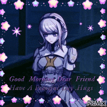 a picture of a girl with the words " good morning dear friend have a peaceful day hugs " on it