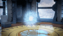 a room with a circular table and a glowing object in the middle