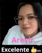a woman wearing glasses and a white hoodie has the word arevir written on her face