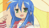 a cartoon girl with blue hair and green eyes says out of touch thursdays on the bottom