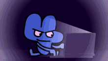 a blue cartoon character is sitting in front of a computer screen .