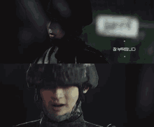 a man in a military uniform looks at a woman in a mask