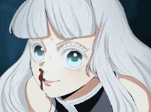 a girl with white hair and a bloody nose is looking at the camera .