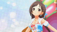 a girl in a blue and white outfit with a bow on her hair