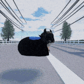 a black cat with horns is laying down on a road