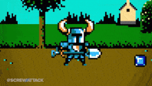 a pixel art of a knight with horns holding a shovel and a sword