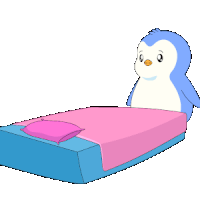 a penguin is laying on a bed with a pink blanket