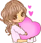 a pixel art drawing of a girl holding a pink heart shaped pillow .