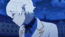 a cartoon character with white hair and a blue shirt has the letter g on his jacket
