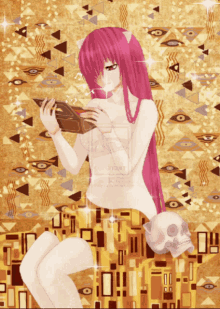 a picture of a girl with pink hair and a skull