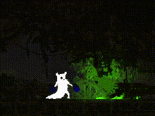a pixel art of a ghost standing next to a glowing green monster in a dark forest .