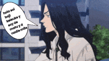 a man with long black hair has a speech bubble above his head that says hola soi baji