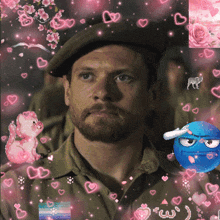 a man with a beard is surrounded by pink hearts and a blue smiley face