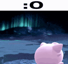 a pink piggy bank is standing in front of a aurora borealis