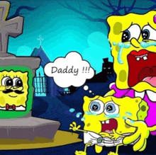 a cartoon of spongebob and his daughter talking about daddy