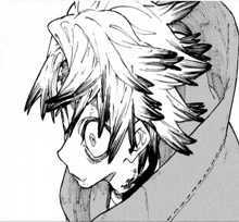 a black and white drawing of a person with a hood