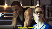 a man and a woman are standing next to each other and the man is saying " i keep your secret "
