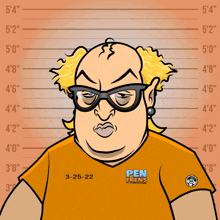 a cartoon drawing of a man wearing a pen frens shirt holding a cup of coffee