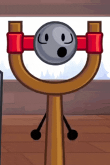 a cartoon character holding a slingshot with a surprised face on it