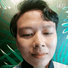 a close up of a woman 's face with faceu written on the bottom