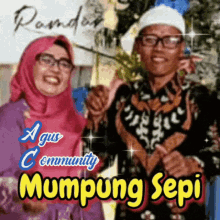 a man and a woman are standing next to each other in front of a sign that says mumpung sepi