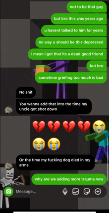 a screenshot of a text conversation between a skeleton and a man