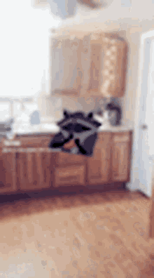 a blurred image of a kitchen with wooden cabinets