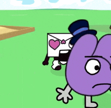 a purple cartoon character is standing next to a white box with a heart on it