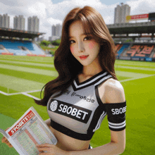 a girl in a soccer uniform holding a book that says sbobet