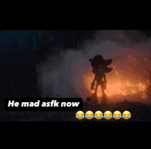 shadow the hedgehog standing in front of a fire with the words he mad asfk now