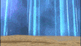 a video game character is sitting in front of a blue curtain