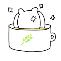 a cartoon drawing of a bear sitting in a cup of soup