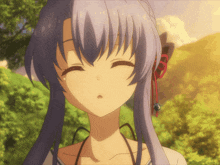 a girl with purple hair and a red ribbon in her hair