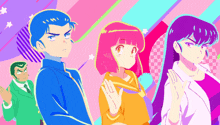 a group of anime characters standing next to each other on a pink and purple background