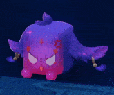 a purple and pink cartoon character with a very angry look on its face .