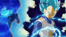 a dragon ball super character with blue hair and lightning coming out of his mouth