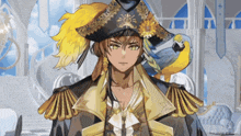 a man wearing a pirate hat with a parrot on his shoulder