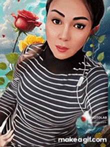a woman wearing a striped shirt and headphones takes a selfie with flowers in the background