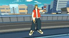 a man in a red jacket and green hat is standing on a bridge in front of a city