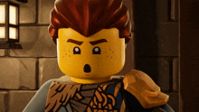 a close up of a lego character with a surprised look on his face