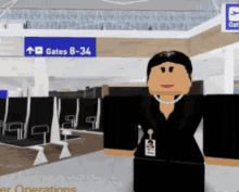 a woman in a black suit is standing in front of gates 8-34