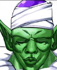 a green cartoon character with a white bandage on his head