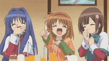three anime girls are sitting at a table laughing and drinking juice