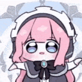 a little girl with pink hair and headphones is wearing a maid outfit .