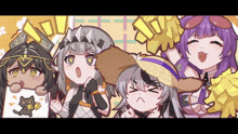 a group of anime girls are posing for a picture and one of them is wearing a straw hat