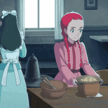 a girl with red hair is standing in front of a table with bowls of food