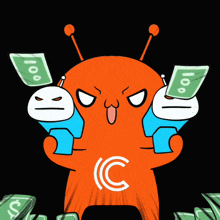 a cartoon character is holding a 100 dollar bill in his hand