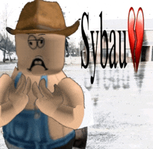 a roblox character with a cowboy hat and overalls is standing in the snow
