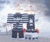 a boy and a girl are standing next to each other in a video game and the girl is wearing black and white striped clothes