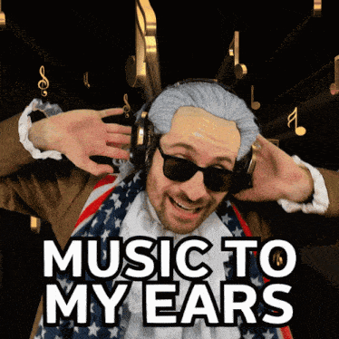 a man wearing headphones with the words music to my ears below him